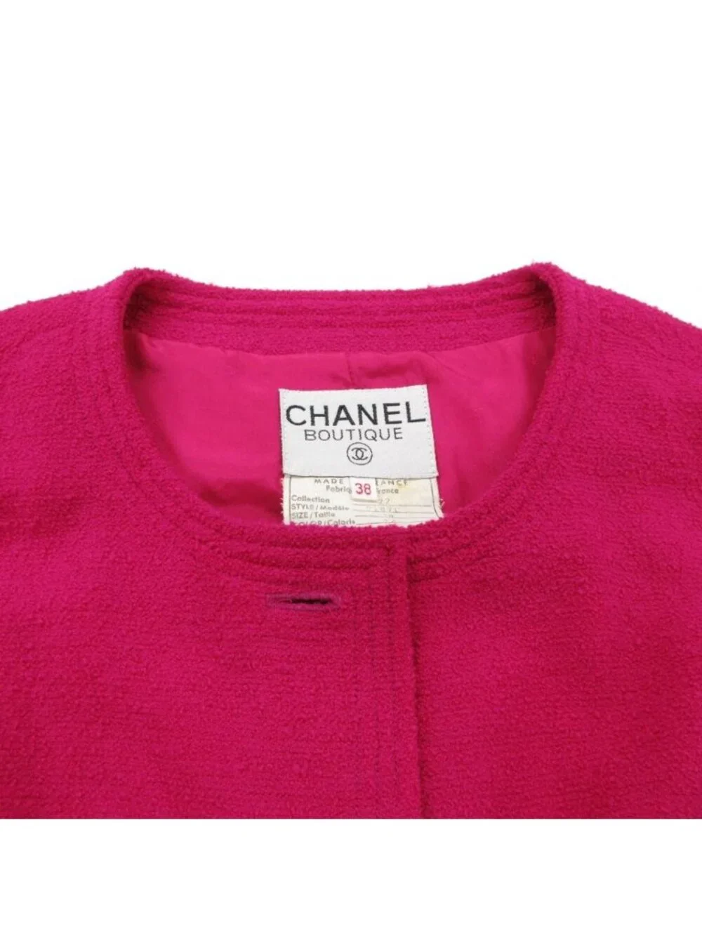 Chanel Collarless Jacket Tweed Gold Button Cropped Front Opening Lined Pink